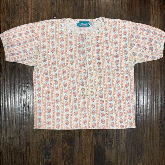 Coral Bay Tops - Coral Bay Cream Short Sleeve Floral Stripe Top with Peach Accents